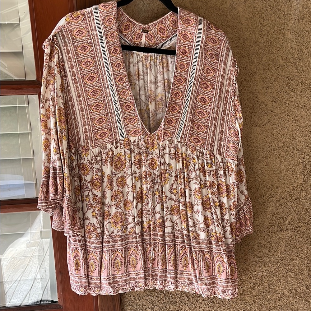Free People Pink, Yellow and Cream Blouse with Bohemian Flair Medium